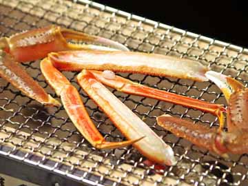 *炭火のコンロの上で焼く焼きがに。焼くことで蟹は更に甘みが増して美味しくなります。