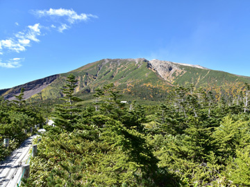 *御嶽山／田の原高原からのぞむ御嶽山山頂。七合目に位置し、遊歩道では希少な高山植物を楽しめます。