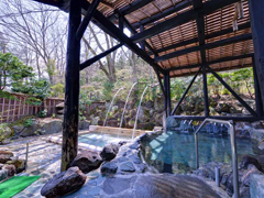 *男湯（露天風呂）/茅葺き屋根のお風呂と打たせ湯から成りたつ露天風呂。どちらも風情があり◎