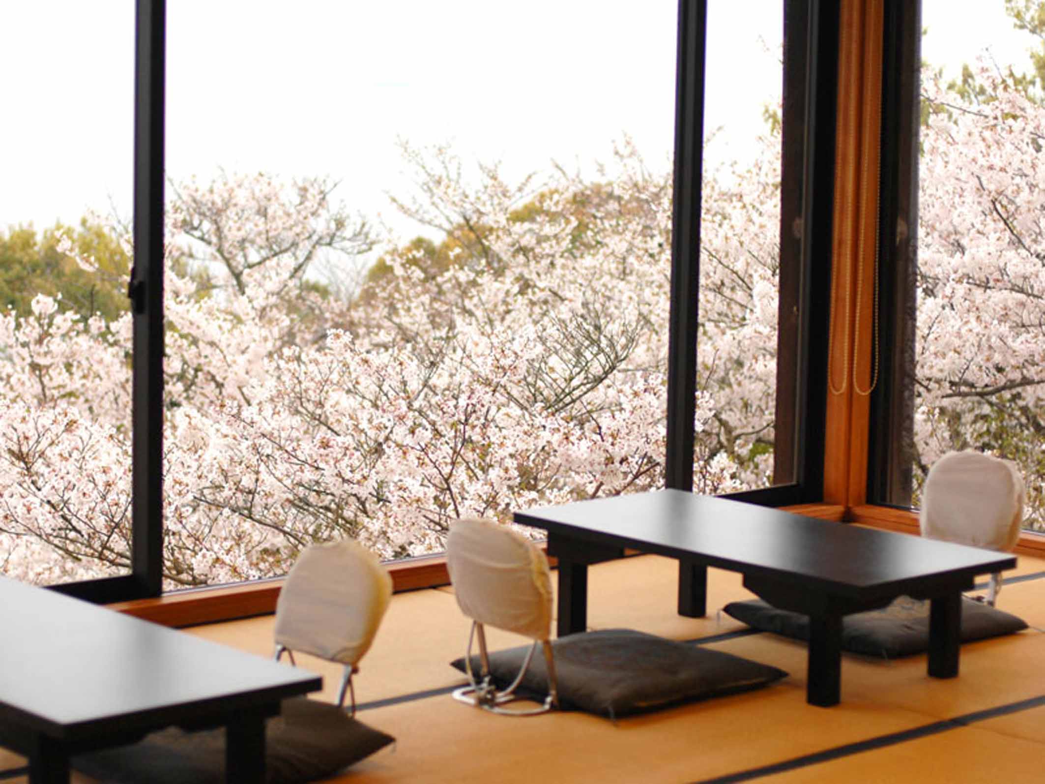 【桜の間】春には180度桜に囲まれ、その向こう側には雄大な瀬戸内海が広がる。