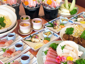 *宴会プラン和食コース一例／お刺身や焼き魚、鍋物ににぎり寿司など約7品をご用意致します。