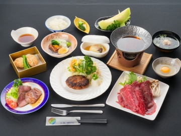 【旭のお肉プラン】県産牛を使用したお肉メインの夕食。仕入れにより内容が変わります。※写真は一例です
